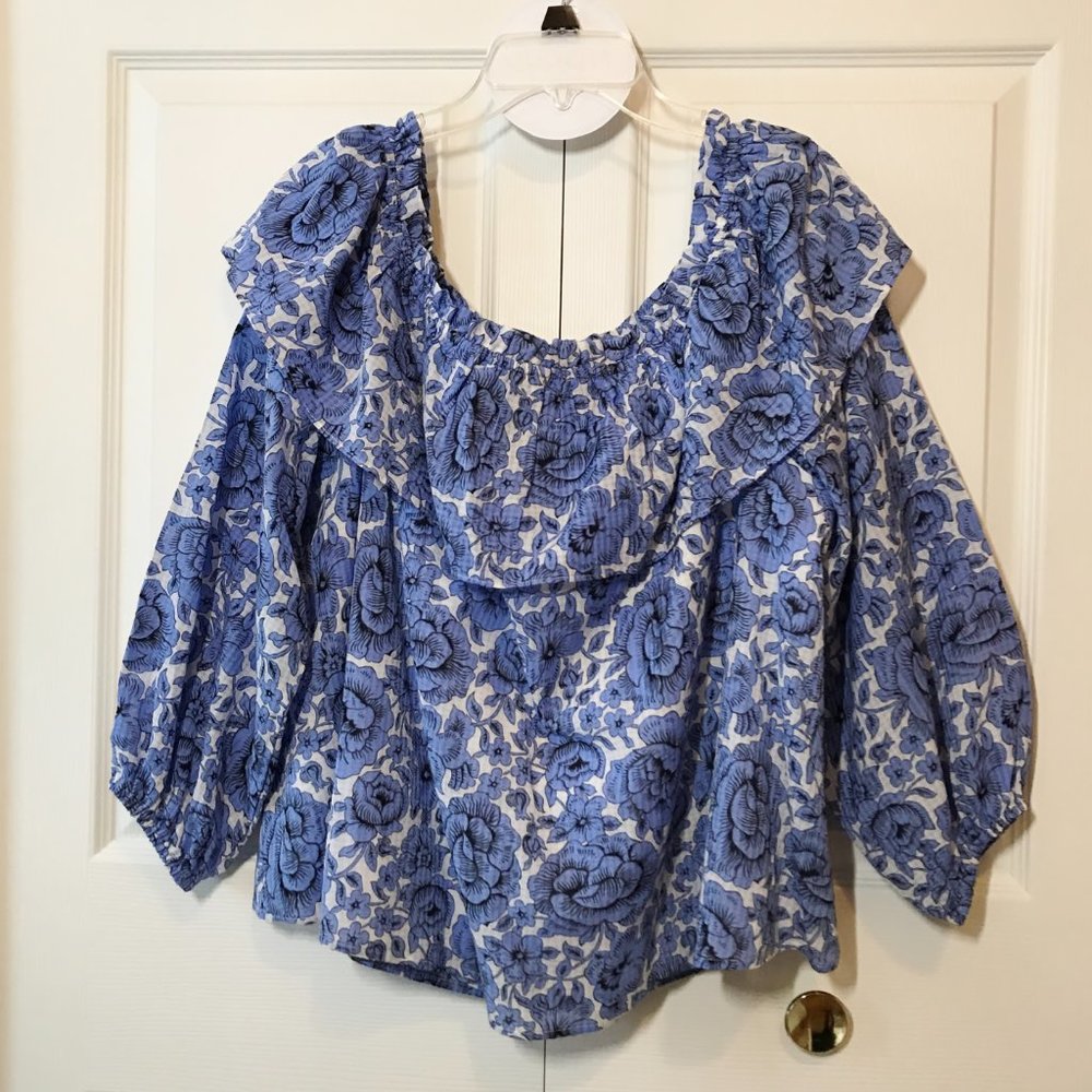 Ann Taylor Women's 3/4 Sleeve Floral Top Blue/White Size L